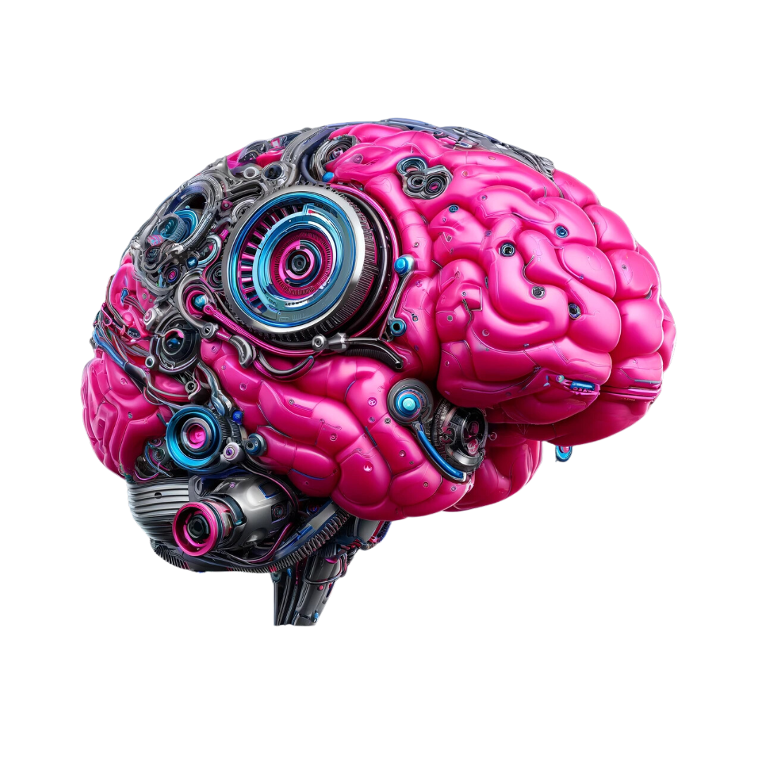 Futuristisches pinkes Robotik-Gehirn, symbolisiert fortschrittliches Denken, Mindset, Motivation und Erfolg im digitalen Zeitalter